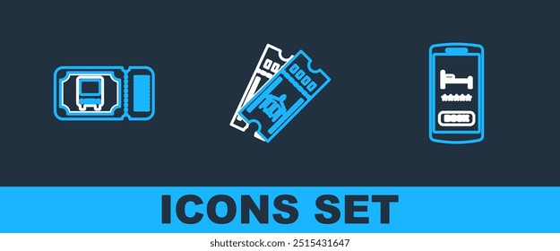 Set line Online hotel booking, Bus ticket and Airline icon. Vector