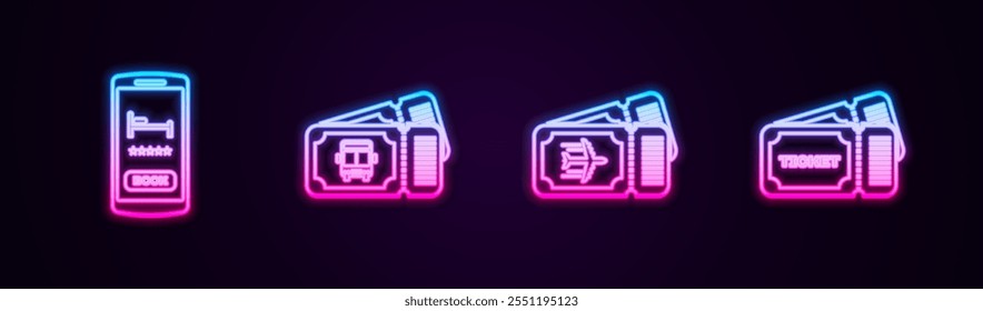 Set line Online hotel booking, Bus ticket, Airline and Ticket. Glowing neon icon. Vector