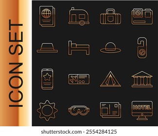 Set line Online hotel booking, Museum building, Please do not disturb, Suitcase, Bed, Man hat with ribbon, Passport and Elegant women icon. Vector