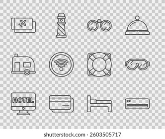 Set line Online hotel booking, Air conditioner, Binoculars, Credit card, Airline ticket, Wi-Fi wireless internet network, Bed and Ski goggles icon. Vector