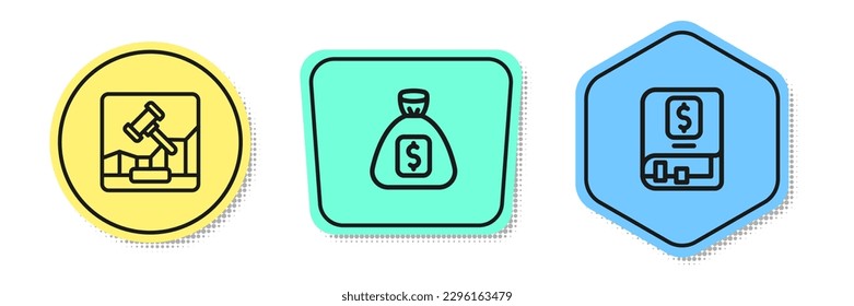 Set line Online internet auction, Money bag and Financial book. Colored shapes. Vector