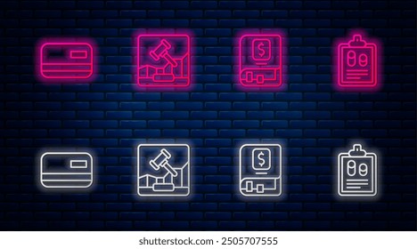 Online-Internet-Auktion, Finanzbuch, Kreditkarte und Geschäftsfinanzbericht. Leuchtendes Neonsymbol an der Ziegelwand. Vektorgrafik