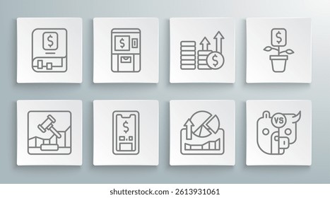 Set line Online internet auction, ATM and money, Mobile with dollar, Stocks market growth graphs, Bull bear of stock, Financial, Dollar plant and book icon. Vector