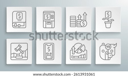 Set line Online internet auction, ATM and money, Mobile with dollar, Stocks market growth graphs, Bull bear of stock, Financial, Dollar plant and book icon. Vector