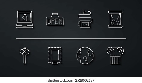 Set line Museo en línea, martillo de la edad de piedra, reloj de arena viejo con arena, globo terráqueo, imagen, signo colgante abierto, columna antigua e icono de guía de audio del museo. Vector