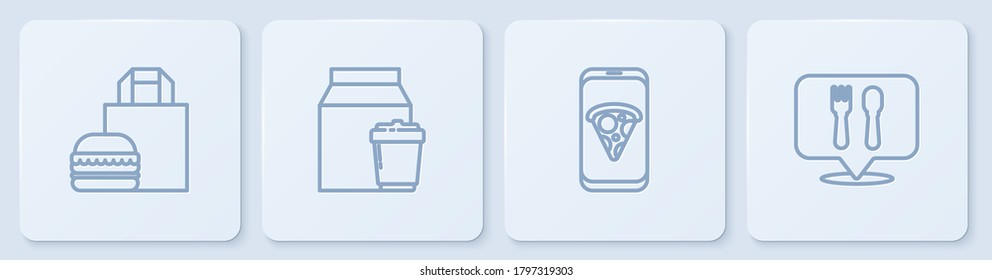 Set line Online ordering burger delivery, Food pizza, and and Cafe restaurant location. White square button. Vector