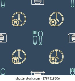 Set line Online ordering burger delivery, Round the clock and Fork and spoon on seamless pattern. Vector