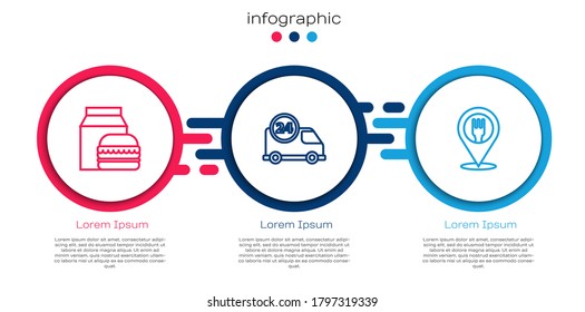 Set line Online ordering and burger delivery, Fast by car and Cafe restaurant location. Business infographic template. Vector