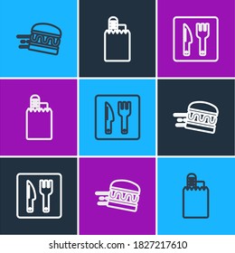 Set line Online ordering burger delivery, Cafe and restaurant location and  icon. Vector