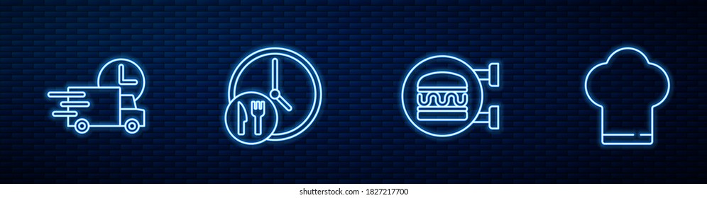 Set line Online Bestellung Burger Lieferung, Schnell per Auto, Runde Uhr und Kochmütze. Leuchtendes Neonsymbol an der Ziegelwand. Vektorgrafik