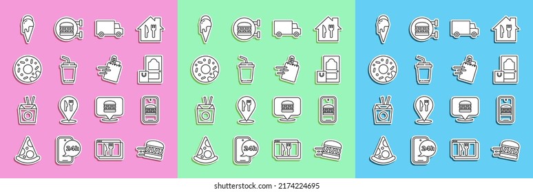 Set line Online ordering burger delivery, and, Fast by car, Paper glass with water, Donut, Ice cream and  icon. Vector