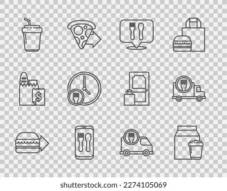 Línea de entrega de hamburguesas para pedidos en línea, y, la ubicación del restaurante Cafe, Coffee cup to go, Round the clock, Fast by car and icon. Vector