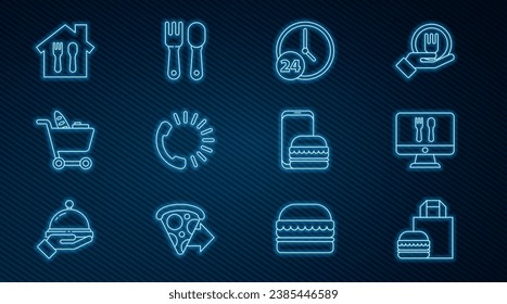 Fijar línea Entrega de hamburguesas de pedidos en línea, y, Reloj 24 horas, Comida, Comida de carros de compras e icono de cuchara de horquilla. Vector