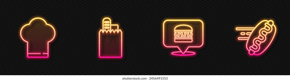 Pida online la entrega de hamburguesas, el sombrero de chef y el hotdog. Icono de neón brillante. Vector