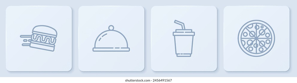 Set line Online ordering burger delivery, Paper glass with water, Covered tray of food and Pizza. White square button. Vector
