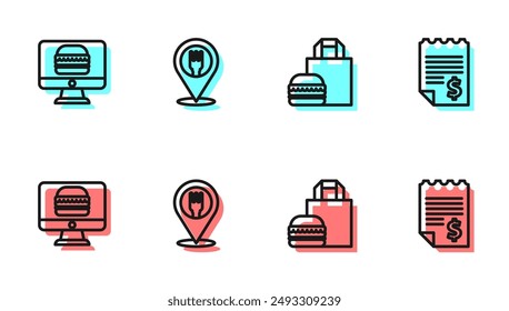Set line Online ordering burger delivery, and, Cafe restaurant location and Paper financial check icon. Vector