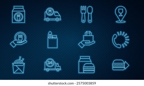 Set line Online ordering burger delivery, Food, Fork and spoon, Shopping bag food,  and Fast by car icon. Vector