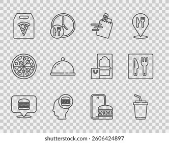 Set line Online ordering burger delivery, Paper glass with water, and, pizza, Covered tray of food,  and Cafe restaurant location icon. Vector