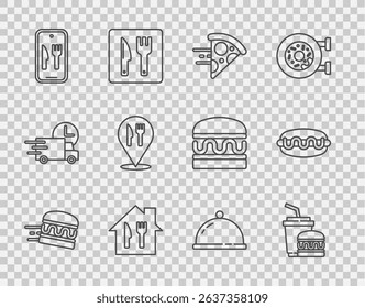 Set line Online ordering burger delivery, Paper glass and, pizza, Cafe restaurant location, Covered with tray of food and Hotdog sandwich icon. Vector