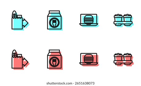 Definir linha Pedido on-line hambúrguer entrega, e xícara de café para ir ícone. Vetor