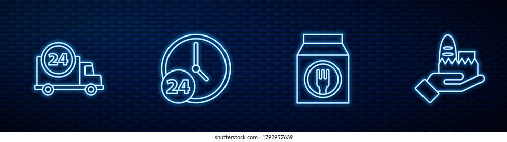 Set line Online ordering and delivery, Fast by car, Clock 24 hours and . Glowing neon icon on brick wall. Vector