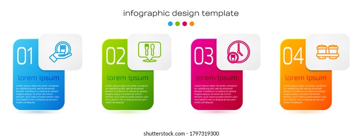 Fije la línea de pedidos y entrega en línea, la ubicación del restaurante Cafe, Vuelta el reloj y la taza de café para ir. Plantilla de infografía de negocios. Vector