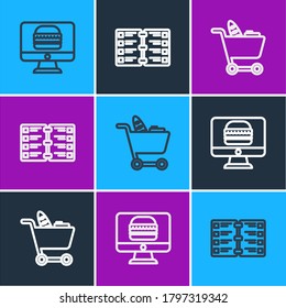 Línea de pedidos y entregas en línea, Carro de compras y menú de restaurante café icono. Vector