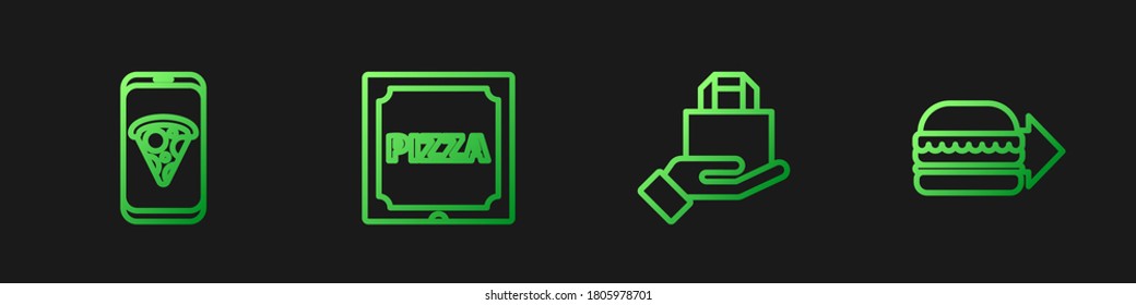 Set line Online ordering and delivery, Food pizza, Pizza cardboard box and burger. Gradient color icons. Vector