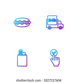 Set line Online ordering and delivery, Hotdog sandwich and Fast by car. Gradient color icons. Vector