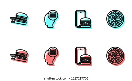 Set line Online ordering and delivery, burger,  and Pizza icon. Vector