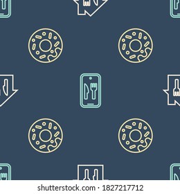 Set line Online ordering and delivery, Donut and  on seamless pattern. Vector