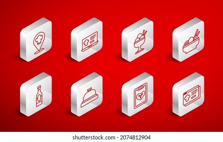 Set line Online ordering and delivery, Ice cream bowl, Asian noodles, Restaurant cafe menu, Chef hat with location, Hotel service bell and Wine bottle icon. Vector