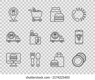 Set line Online ordering and delivery, Plate, burger, Fork spoon, Cafe restaurant location,  and Food pizza icon. Vector