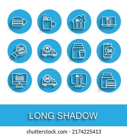 Set line Online ordering and delivery, Fast by car, burger, Cafe restaurant location, Food and  icon. Vector