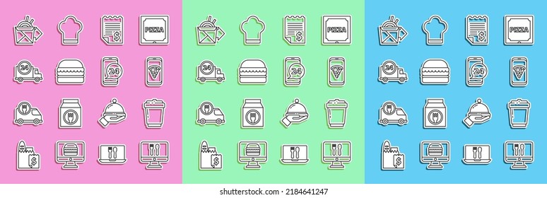 Set line Online ordering and delivery, Coffee cup to go, Food pizza, Paper financial check, Burger, Fast by car, noodles and  icon. Vector