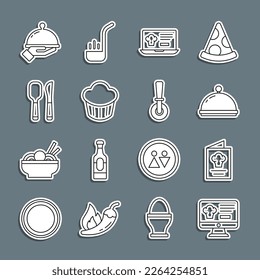 Set line Online ordering and delivery, Cookbook, Covered with tray, Cupcake, Knife spoon, of food and Pizza knife icon. Vector