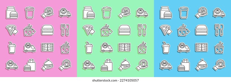 Set line Online ordering and delivery, Asian noodles chopsticks, Fork spoon, Clock 24 hours, pizza, burger and Burger icon. Vector