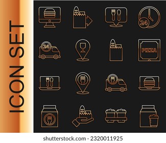 Online Bestellung und Lieferung, Burger, Pizza-Karton, Cafe-Restaurant-Position, Alcohol Bierbar, Fast by und Shopping-Taschen-Essenssymbol. Vektorgrafik