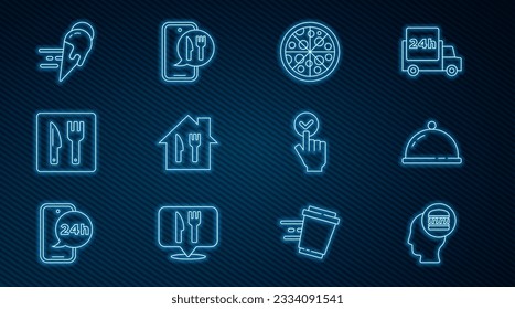 Set line Online ordering and delivery, Covered with tray of food, Pizza, Cafe restaurant location, ice cream,  and  icon. Vector