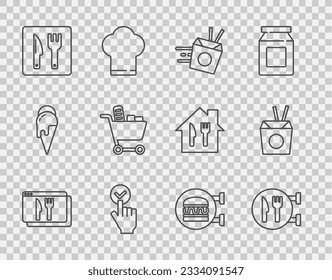 Set line Online ordering and delivery, Cafe restaurant location, noodles, Shopping cart food, burger and Asian chopsticks icon. Vector