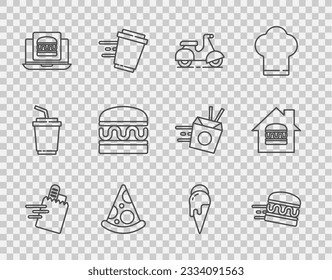 Set line Online ordering and delivery, burger, Scooter, Slice of pizza, Burger, Ice cream and  icon. Vector