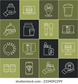 Set line Online ordering and delivery, Round the clock, Covered with tray of food,  and Fork spoon icon. Vector