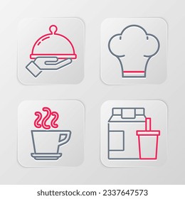 Set line Online ordering and delivery, Coffee cup, Chef hat and Covered with tray food icon. Vector