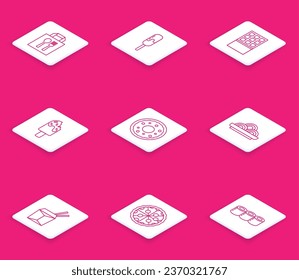Online Bestellung und Lieferung, Eiscreme, Schokoladenbar, Donut, asiatische Nudeln Schüssel, Stäbchen und Pizza Icon. Vektorgrafik