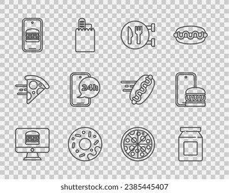 Set line Online ordering and delivery, Cafe restaurant location, Donut, Food, Pizza and  icon. Vector