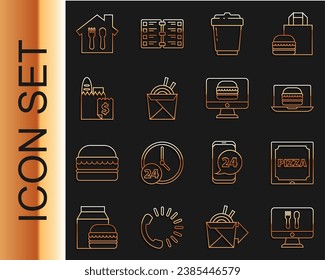 Set line Online ordering and delivery, Pizza cardboard box, burger, Coffee cup to go, Asian noodles chopsticks,  and  icon. Vector