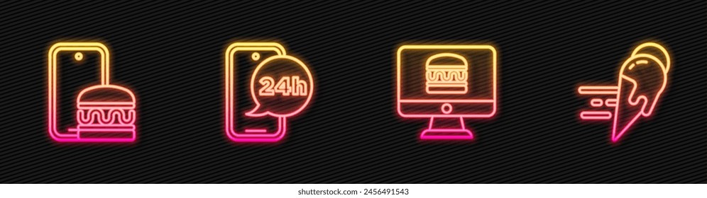 Fijar la línea Pedidos y entrega en línea, , Comida y helado. Icono de neón brillante. Vector