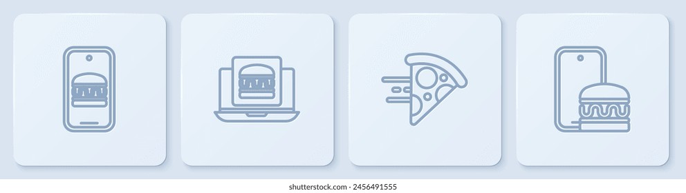Set line Online ordering and delivery, pizza, burger and . White square button. Vector