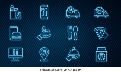 Set line Online ordering and delivery, pizza, Fast by car, Fork spoon and  icon. Vector
