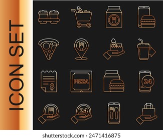 Set line Online ordering and delivery, Food, Coffee cup to go, Cafe restaurant location, Slice pizza,  and  icon. Vector